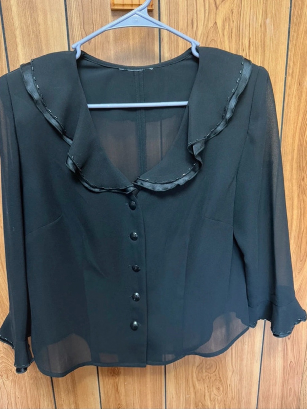 Women’s Y2K Vintage Sheer Black Ruffle Collar Button-Front Top